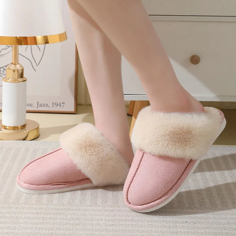 Winter Warm Plush Home Slippers Indoor Fur Slippers Women Soft Lined Cotton Shoes Comfy Non-Slip Bedroom Fuzzy House Shoes Women Couple